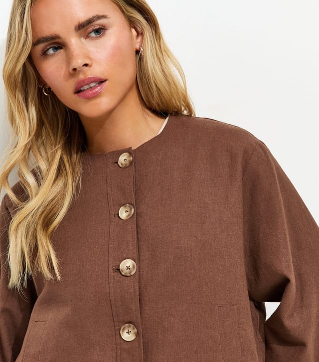 New Look Women's Petite Dark Brown Linen Blend Button Through Bomber Jacket New Look - 2