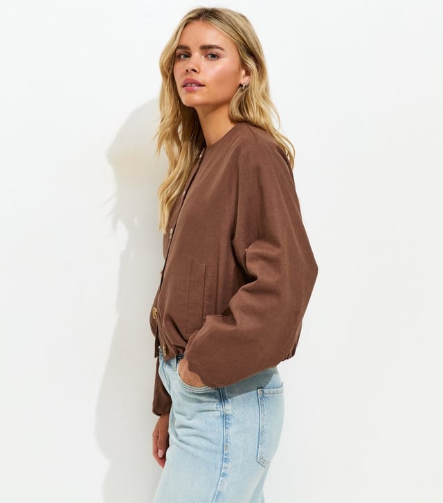 New Look Women's Petite Dark Brown Linen Blend Button Through Bomber Jacket New Look - 3