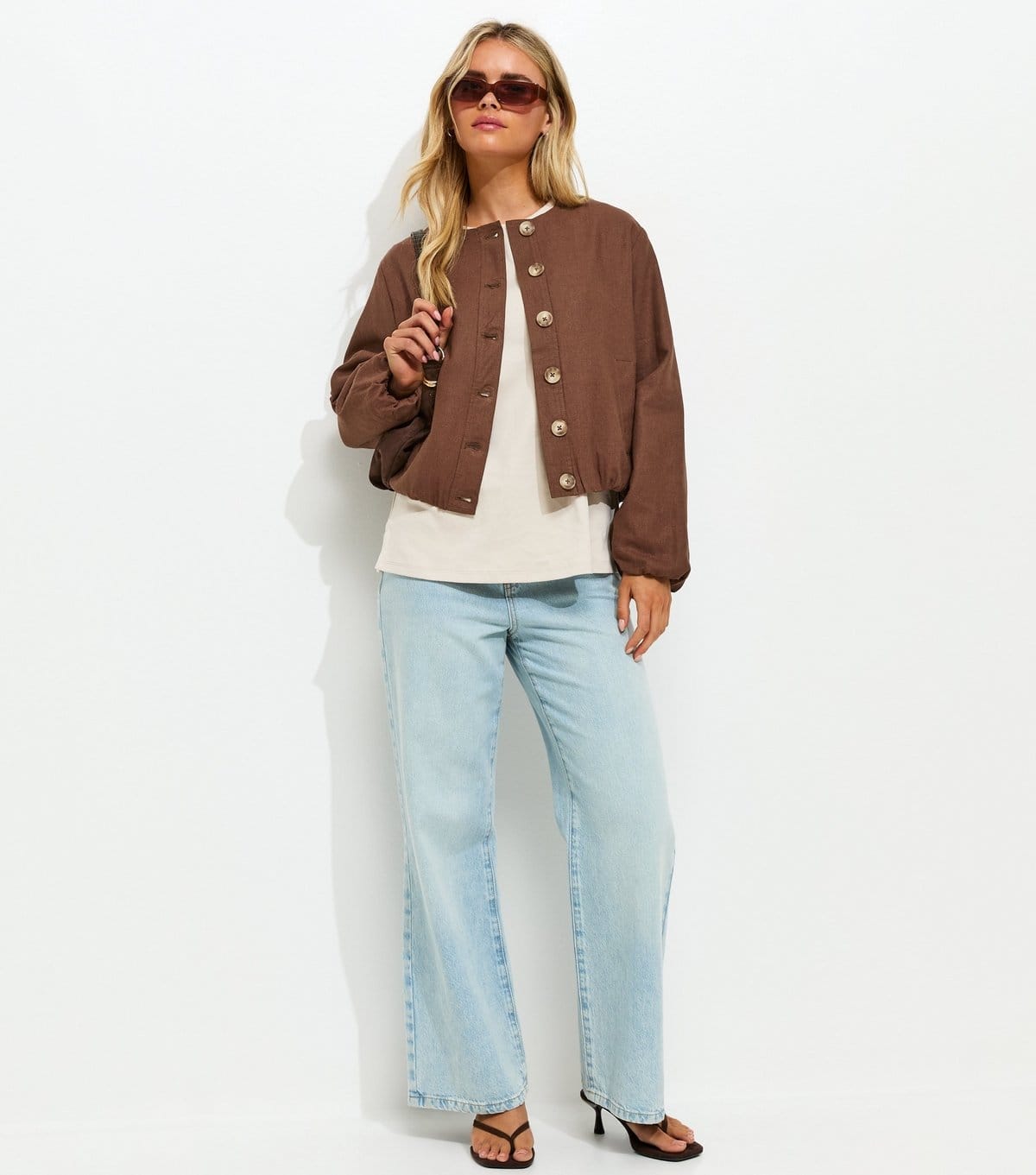 New Look Women's Petite Dark Brown Linen Blend Button Through Bomber Jacket New Look - 4