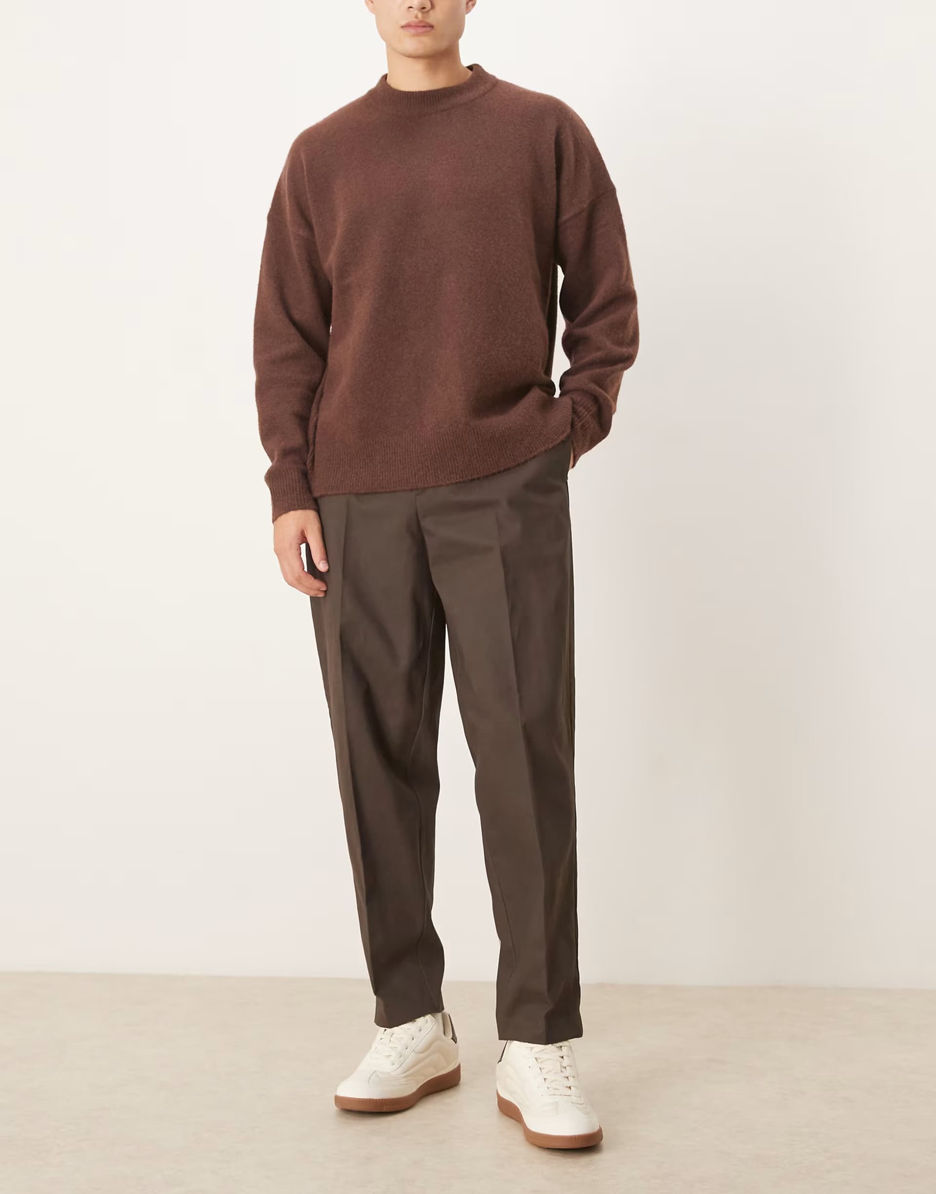 ASOS ASOS DESIGN smart 100% cotton oversized tapered trousers with front pleat in brown with elasticated waist
