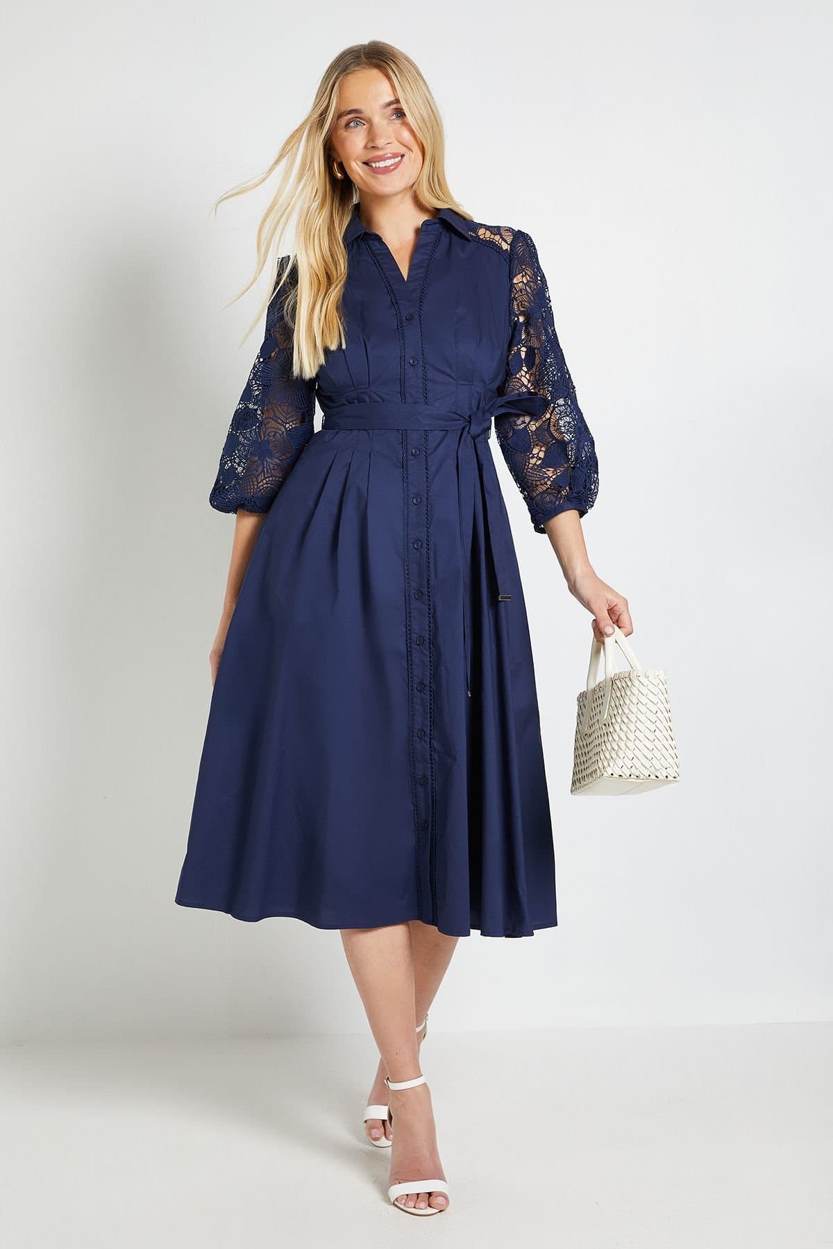 Wallis Wallis Women's Petite Cotton Lace Belted Shirt Dress in Navy