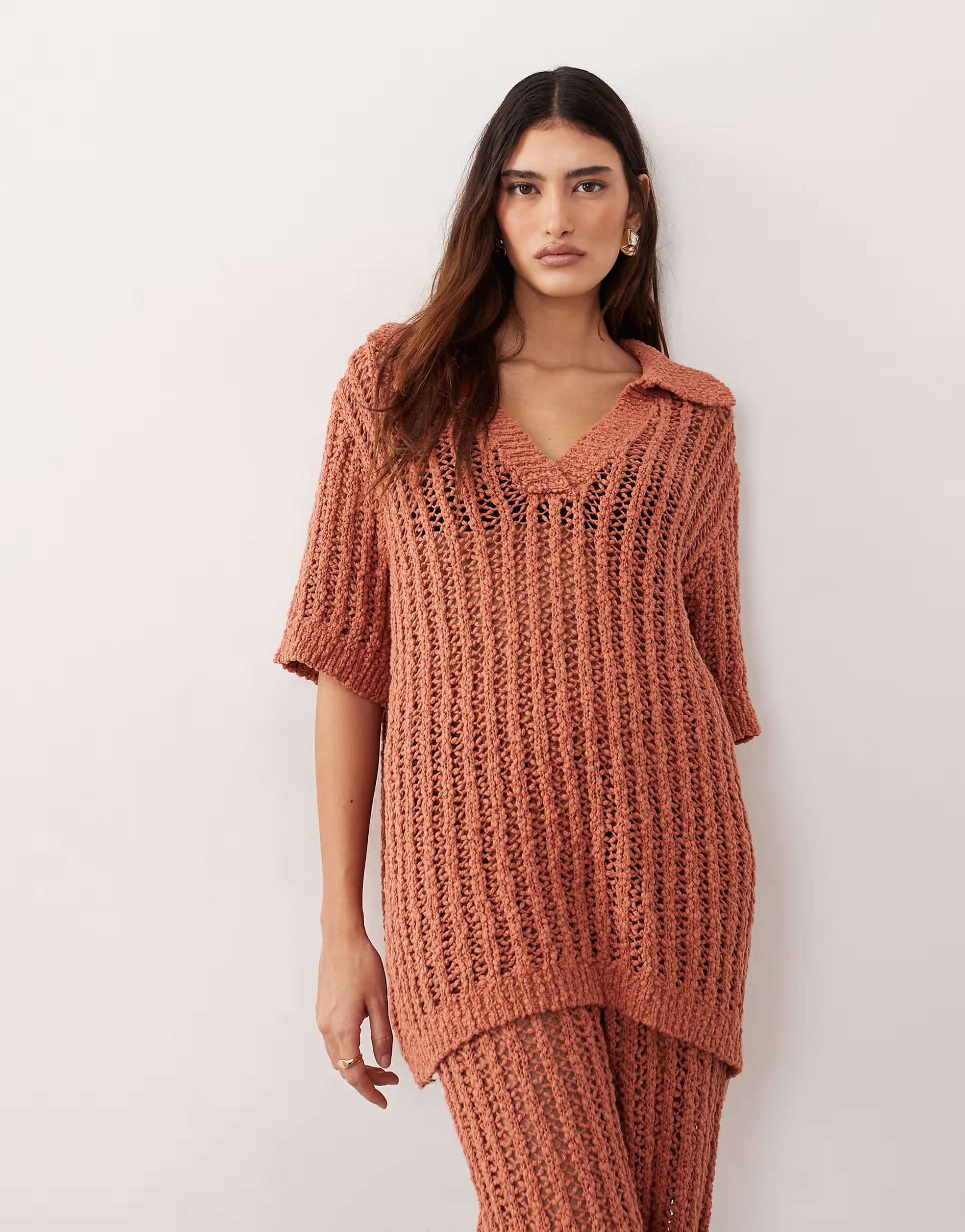 ASOS ARRANGE crochet collared top co ord in terracotta - 1