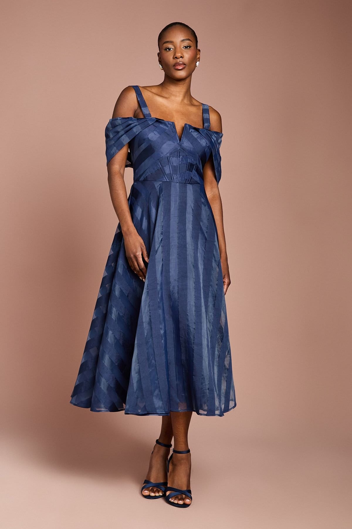Coast Navy Organza Bardot Midi Dress