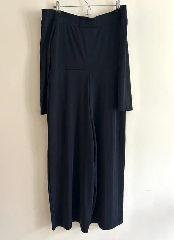 River Island River Island Black Off Shoulder Wide Leg Jumpsuit UK 14 Stretch Pinstripe Ribbed Autumn Occasionwear