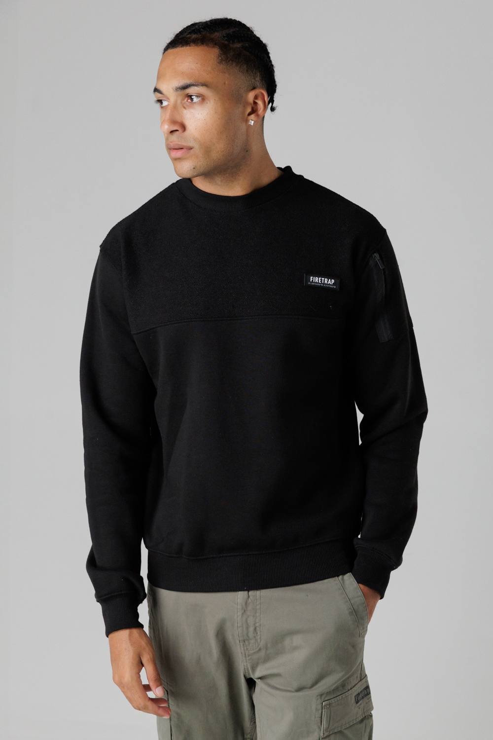 Firetrap Firetrap Men's Regular Fit Cotton Rich Crew Neck Sweatshirt with Sleeve Pocket in Black - 2
