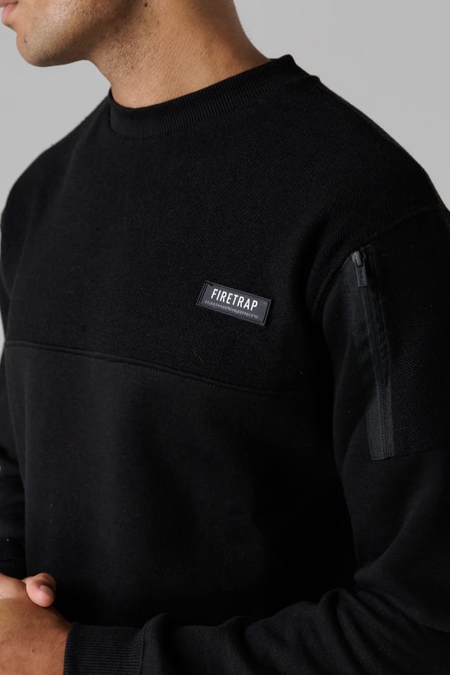 Firetrap Firetrap Men's Regular Fit Cotton Rich Crew Neck Sweatshirt with Sleeve Pocket in Black - 3