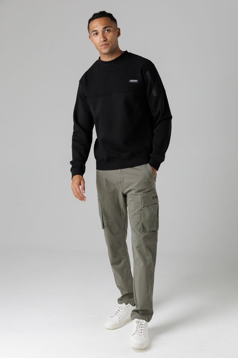 Firetrap Firetrap Men's Regular Fit Cotton Rich Crew Neck Sweatshirt with Sleeve Pocket in Black - 4