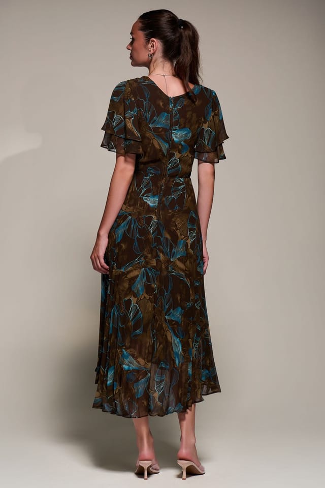 Jolie Moi Jolie Moi Women's Angel Sleeve Pleated Chiffon Midi Dress in Brown - 2