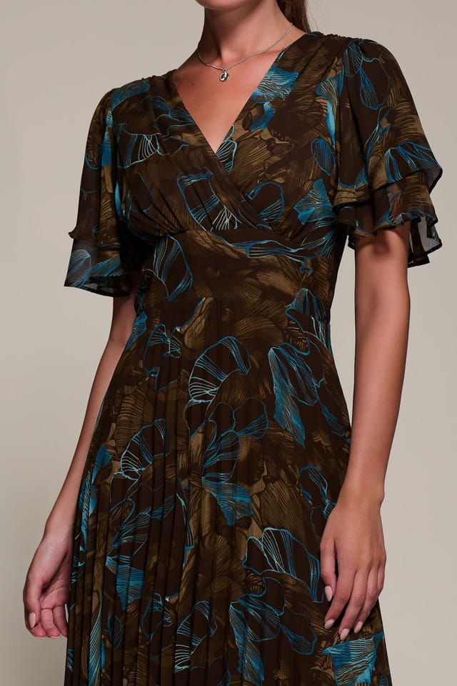 Jolie Moi Jolie Moi Women's Angel Sleeve Pleated Chiffon Midi Dress in Brown - 3