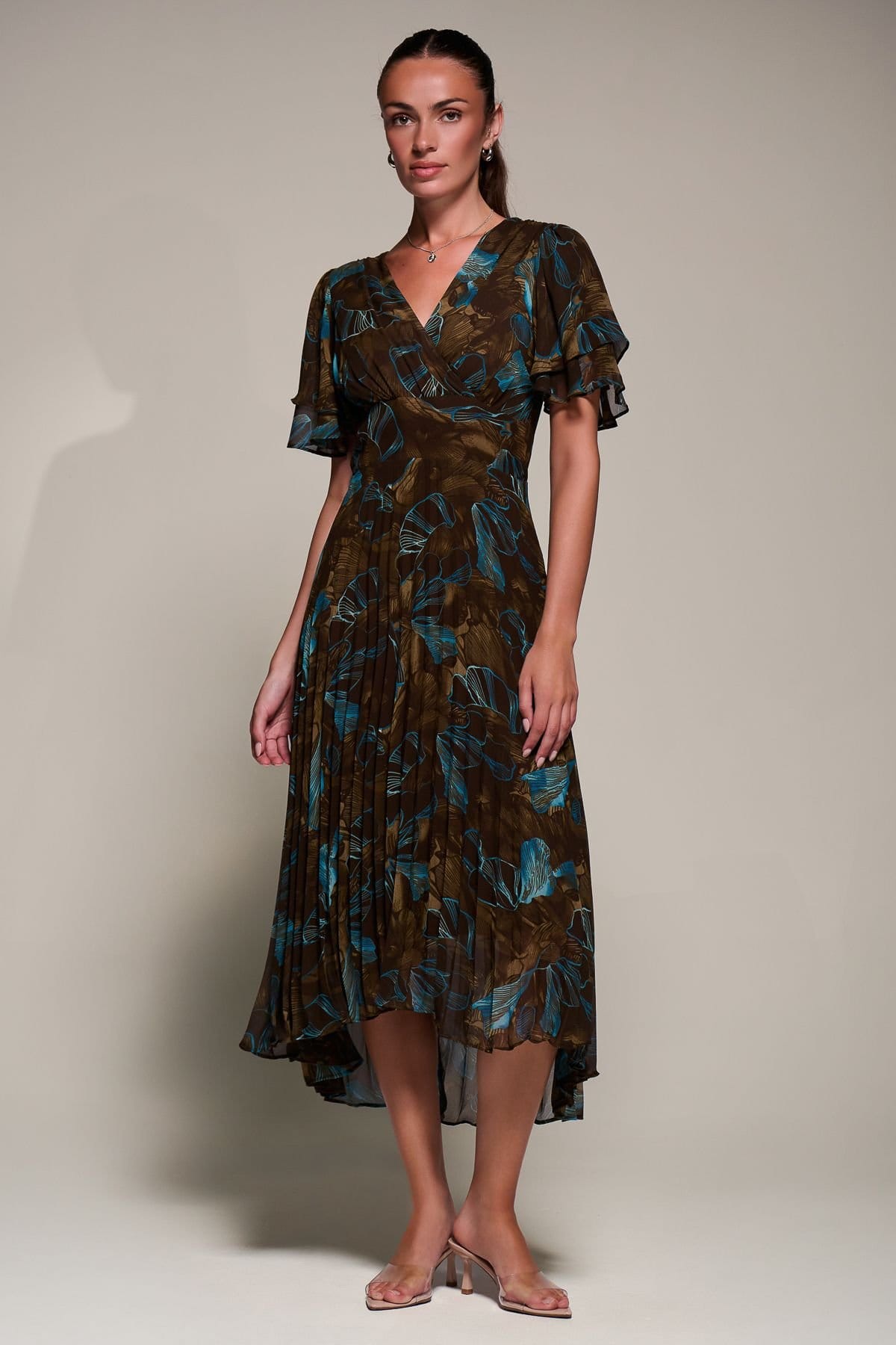 Jolie Moi Jolie Moi Women's Angel Sleeve Pleated Chiffon Midi Dress in Brown - 4