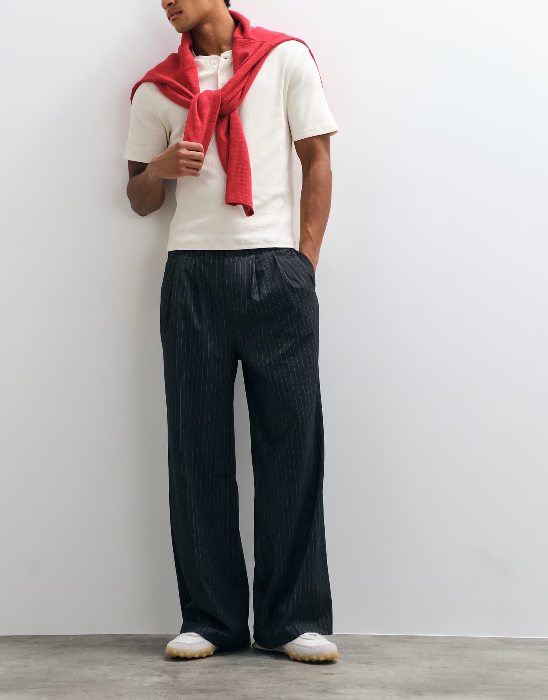 ASOS Cotton On supper baggy pleated pant in dark charcoal pinstripe