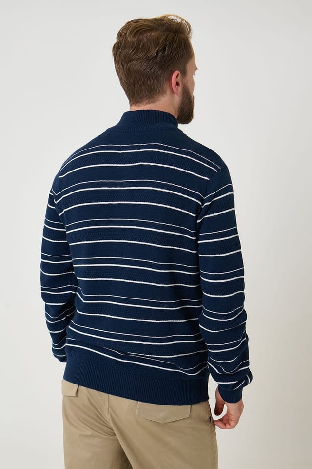Saltwell Saltwell Men's Stripe Quarter Zip Jumper in Dark Navy - 2