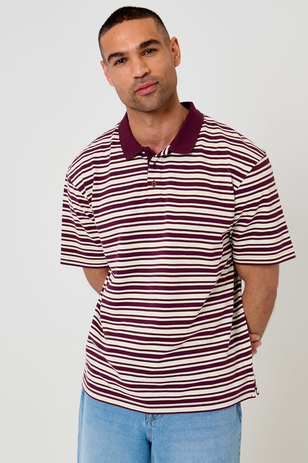 Threadbare Threadbare Men's Relaxed Fit Stripe Polo Shirt in Plum