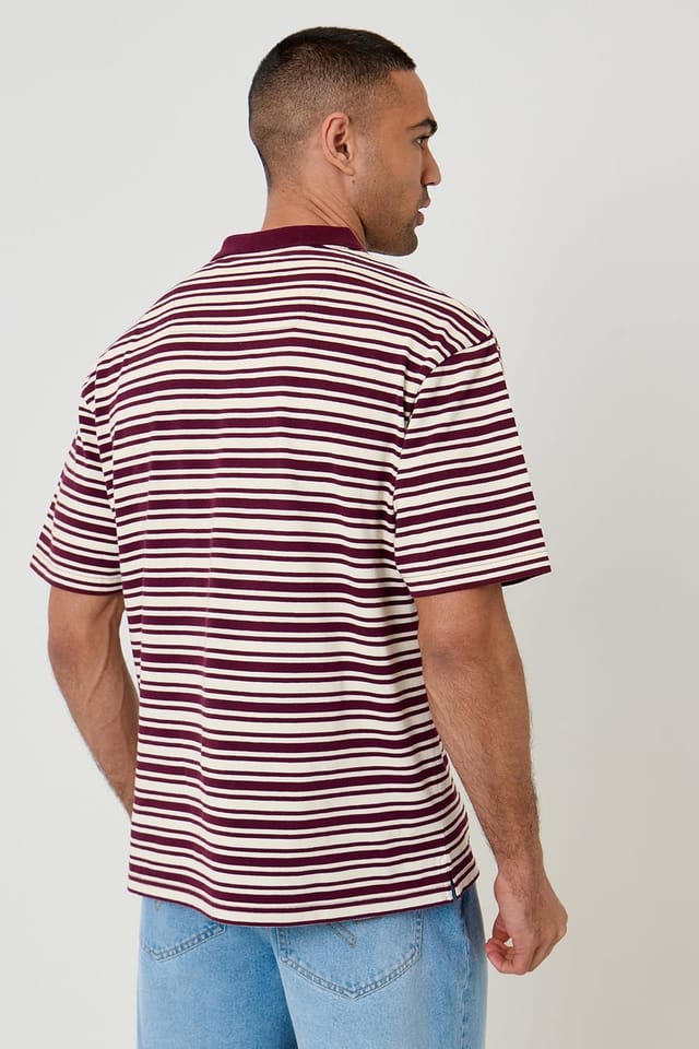 Threadbare Threadbare Men's Relaxed Fit Stripe Polo Shirt in Plum - 2