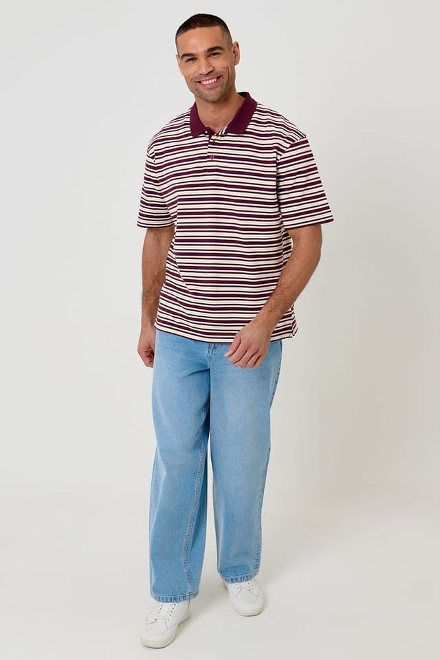 Threadbare Threadbare Men's Relaxed Fit Stripe Polo Shirt in Plum - 3