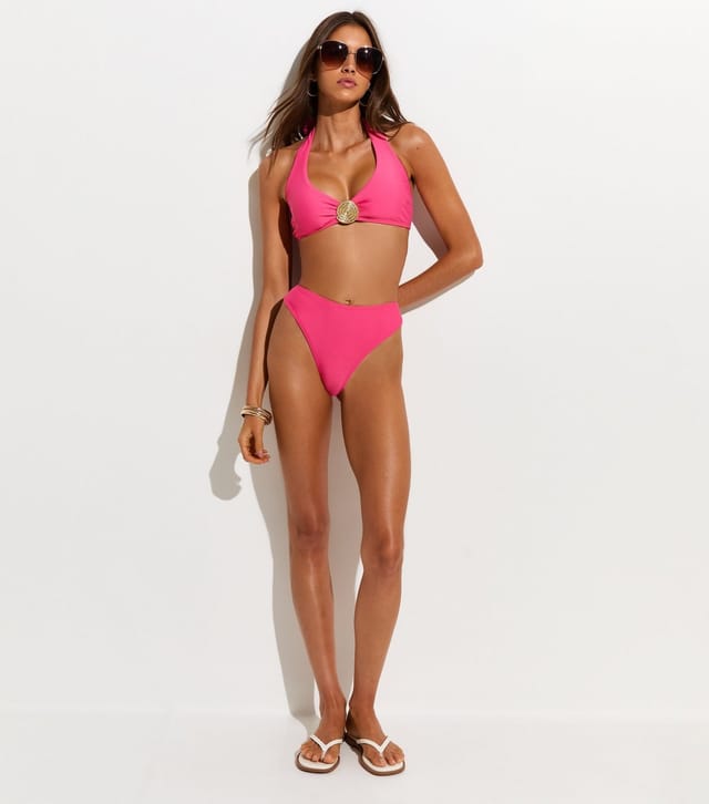New Look Women's Bright Pink Gold Tone Halter Bikini Top New Look - 2