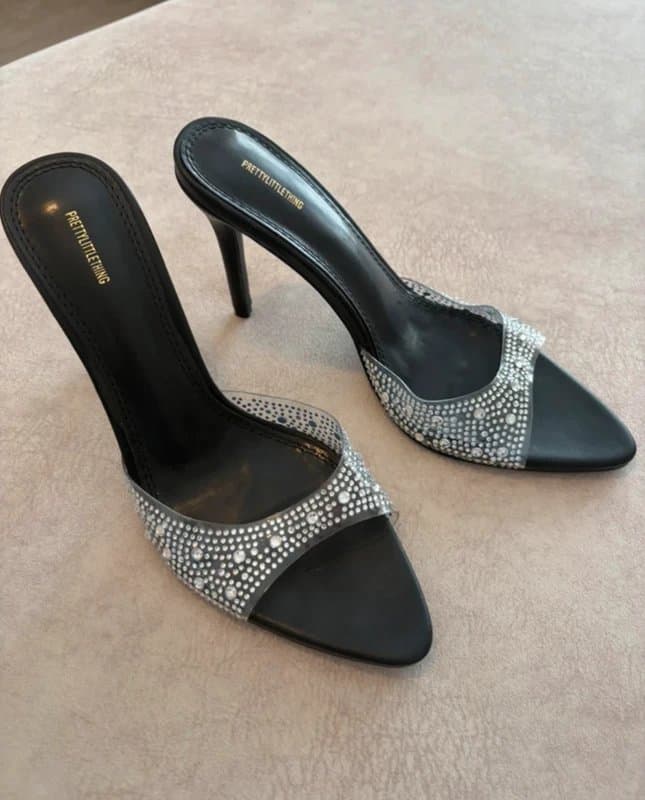 PrettyLittleThing PLT rhinestone wedding prom mules heeled slip on shoes sandals size 5 new