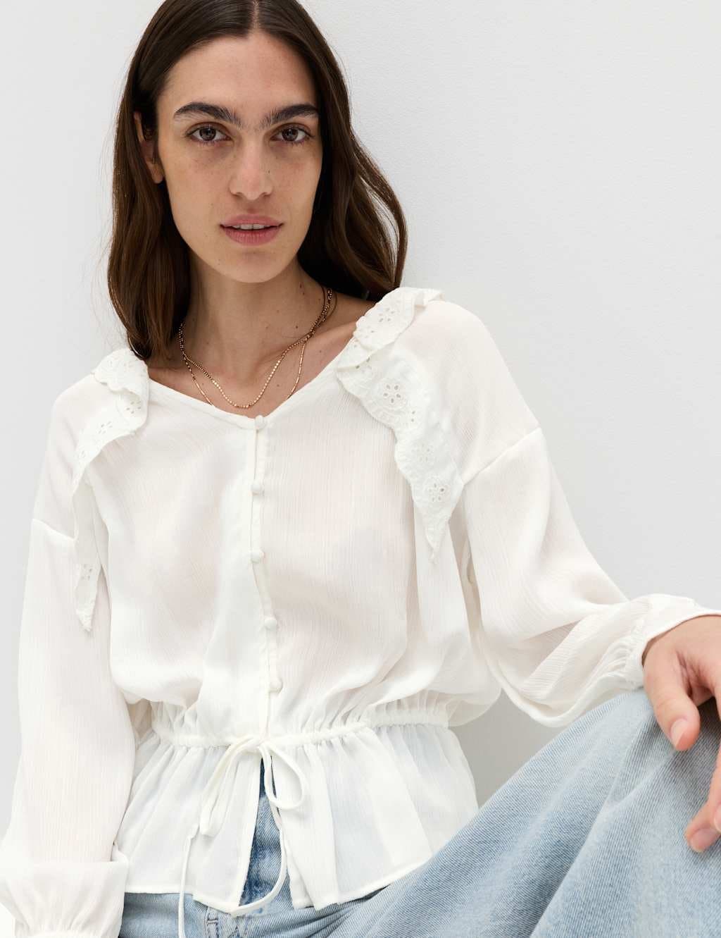 Marks & Spencer M&S Soft White V-Neck Frill Blouse