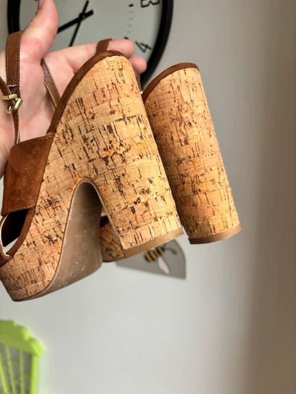 New Look Newlook cork effect platform wedge ladies brown suedette shoe