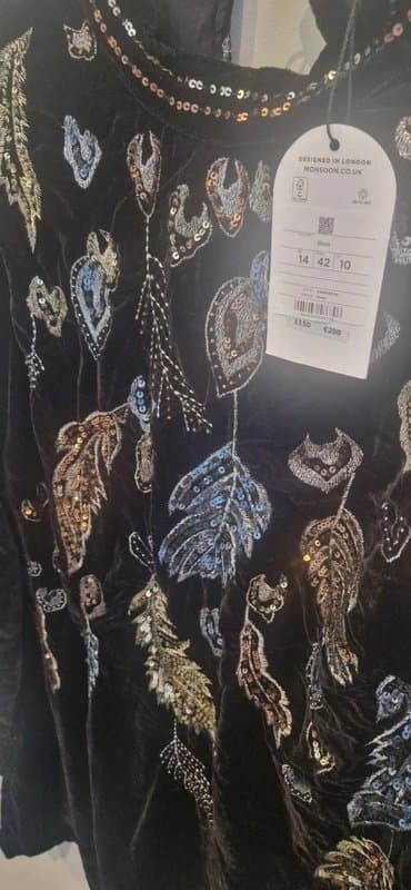 Monsoon Monsoon Black Velvet Embellished Dress – Size 14 – New with Tags