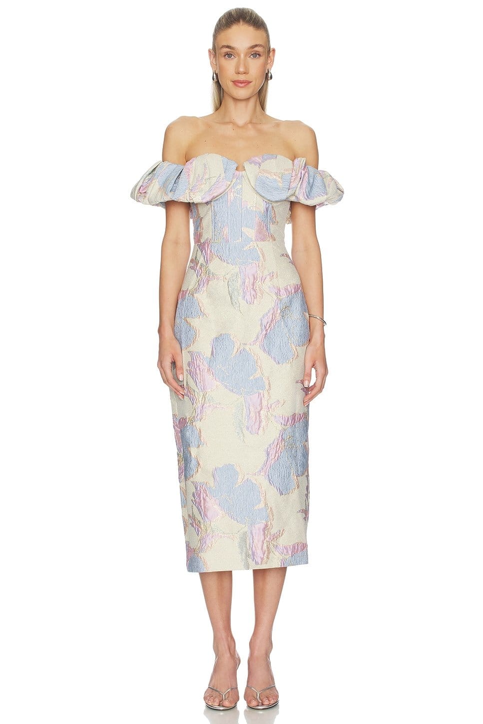 Revolve Gold Multi Floral Strapless Midi Dress
