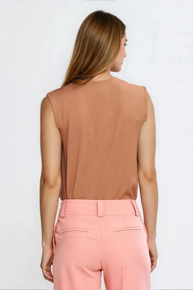 Love Lace Love Lace Women's Viscose V Neck Sleeveless Pleated Blouse in Brown - 3