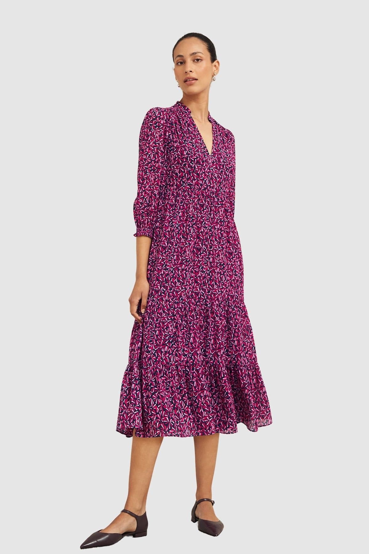 Hobbs London Hobbs London Women's Freda Printed V-Neck Midi Dress in Dark Navy