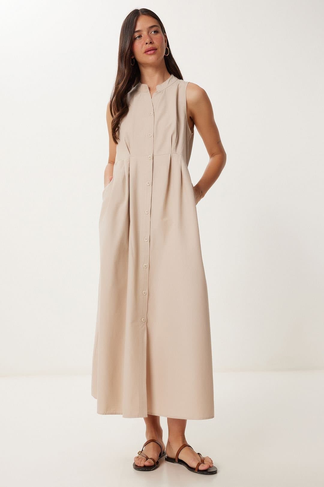Happiness Istanbul Happiness Istanbul Women's Mandarin Collar Sleeveless A-Line Midi Dress in Beige