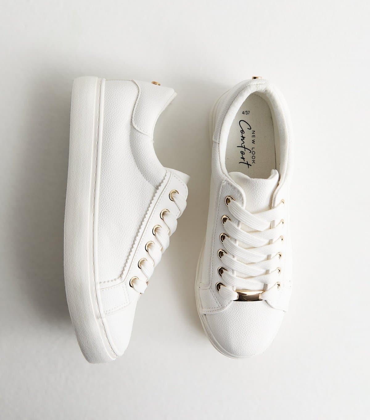 New Look Women's White Grained Faux Leather Lace Up Trainers Vegan New Look