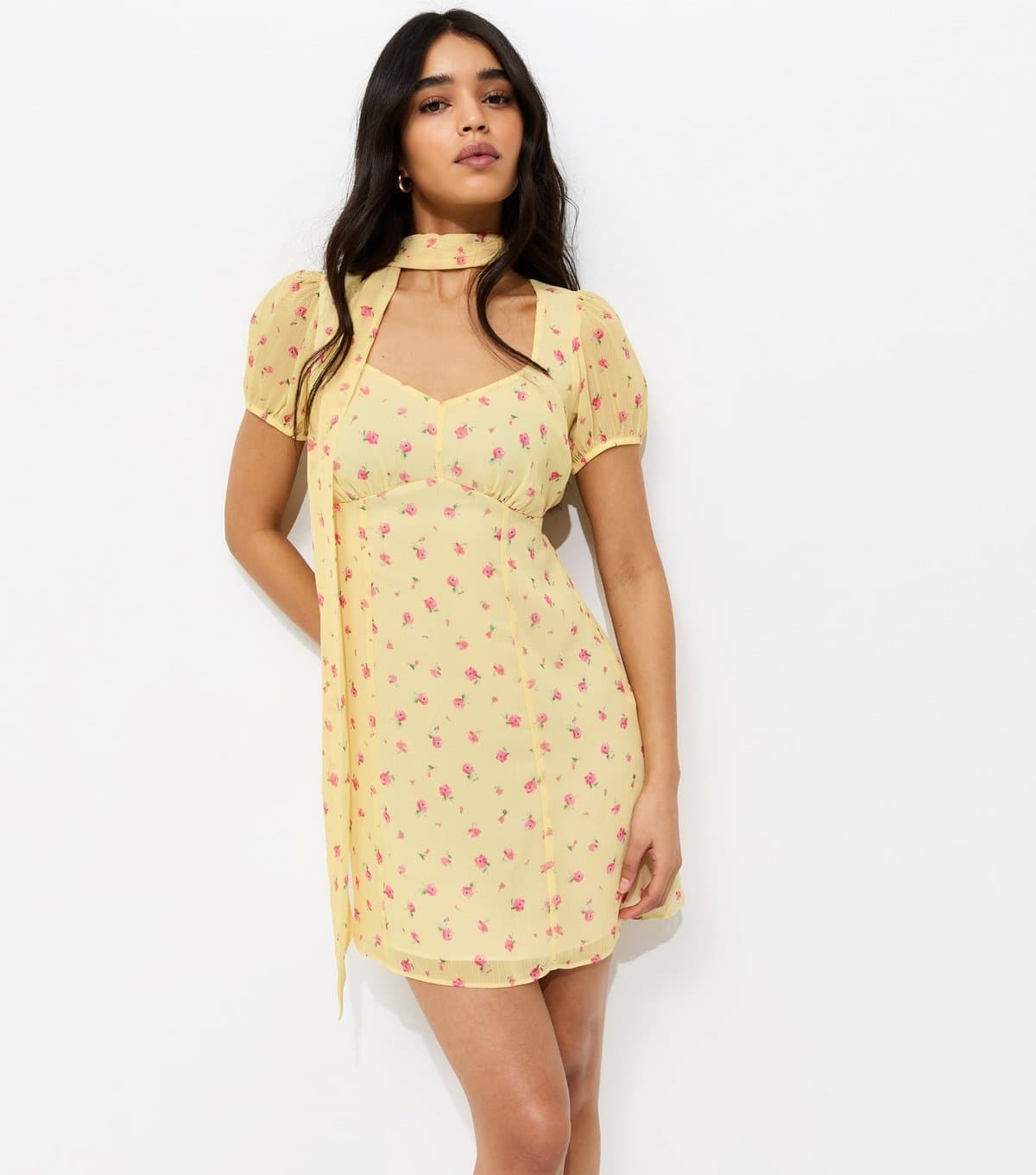 New Look Women's Yellow Chiffon Floral Mini Dress with Scarf New Look