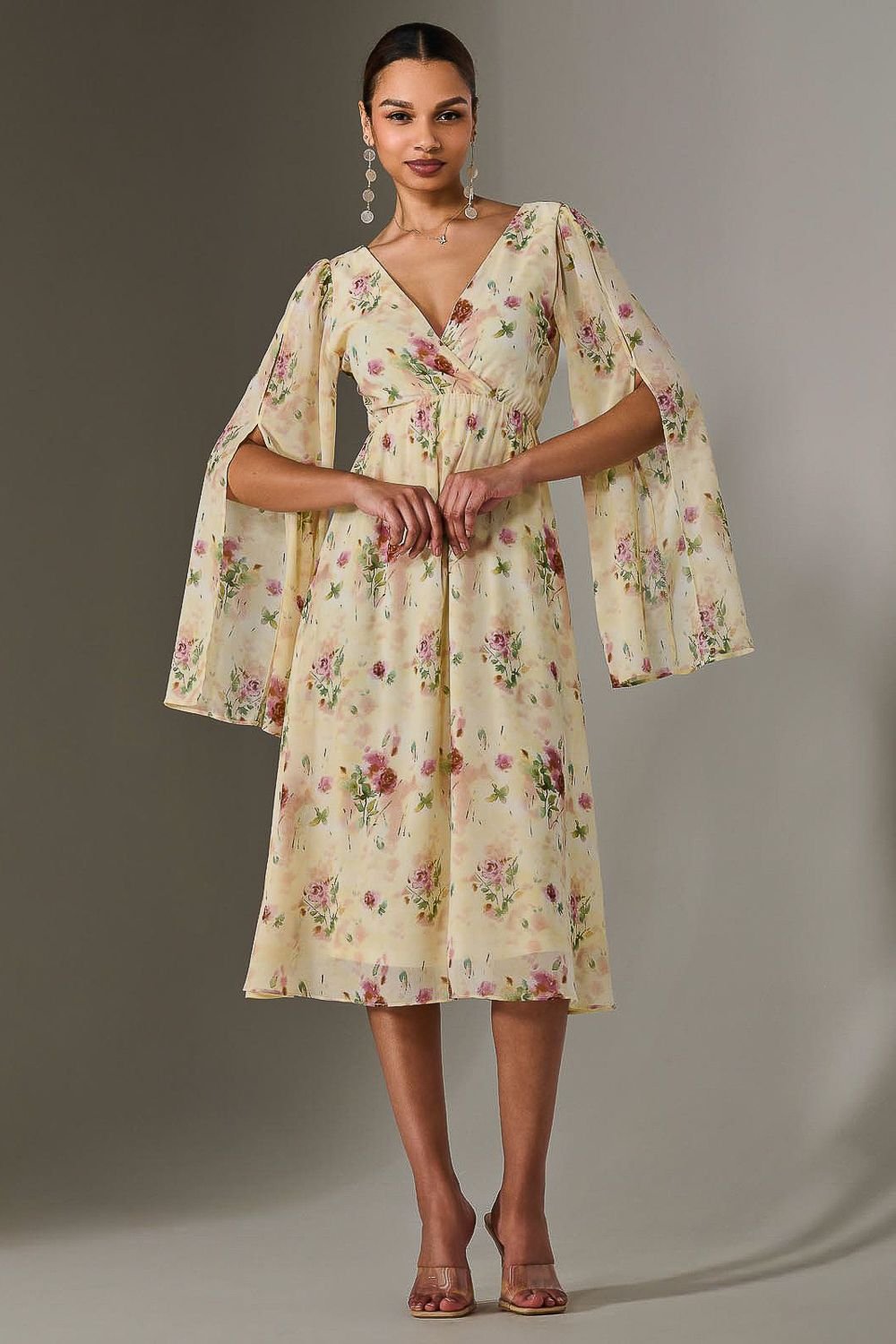 Jolie Moi Jolie Moi Women's Chiffon Split Sleeve Midaxi Dress in Yellow - 2