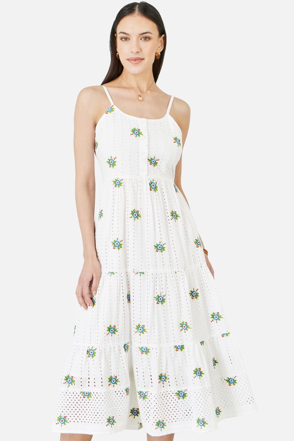 Yumi Women's White Cotton Embroidered Broderie Anglaise Midi Sun Dress