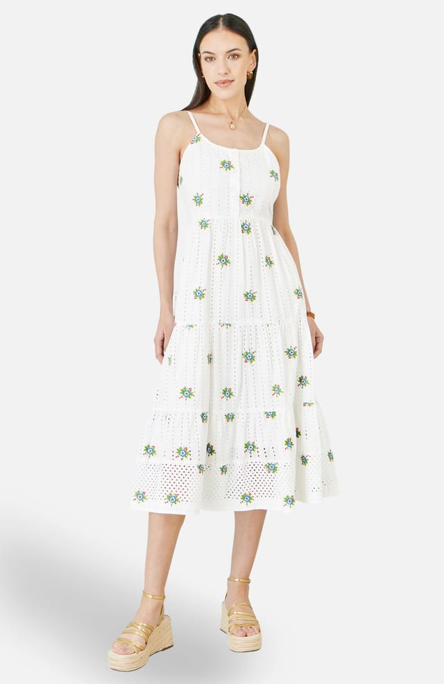 Yumi Yumi Women's White Cotton Embroidered Broderie Anglaise Midi Sun Dress - 2