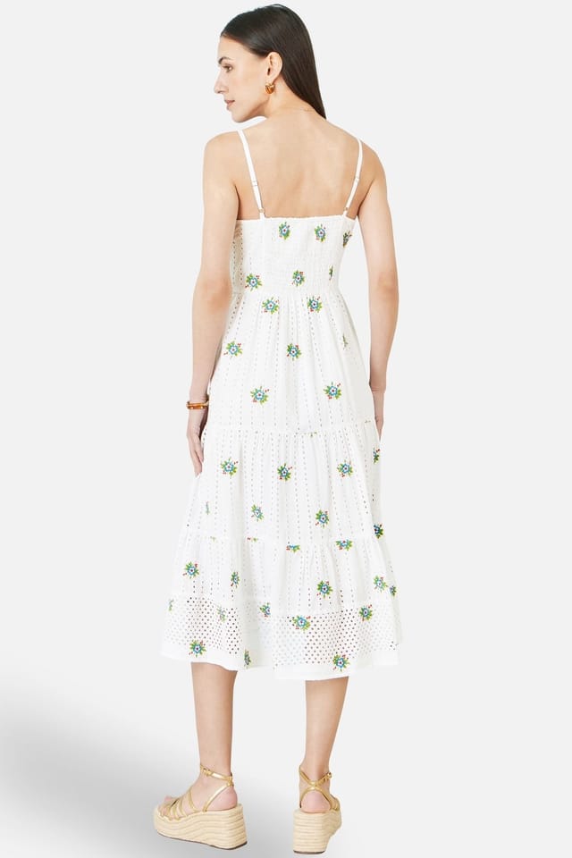 Yumi Yumi Women's White Cotton Embroidered Broderie Anglaise Midi Sun Dress - 3