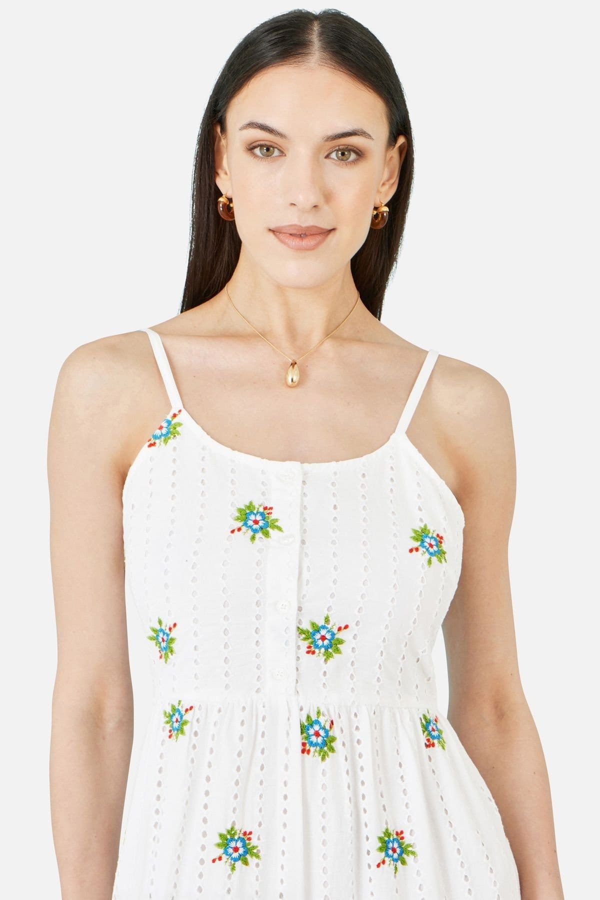 Yumi Yumi Women's White Cotton Embroidered Broderie Anglaise Midi Sun Dress - 4