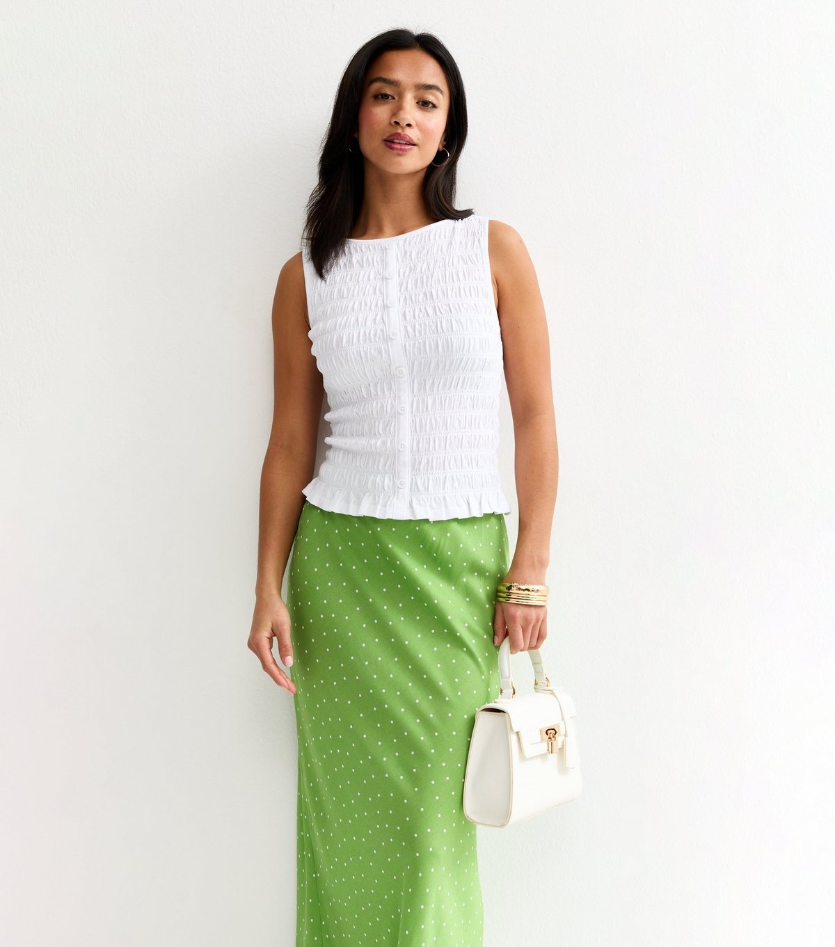 New Look Women's Petite Green Polka Dot Bias Cut Midi Skirt New Look - 1