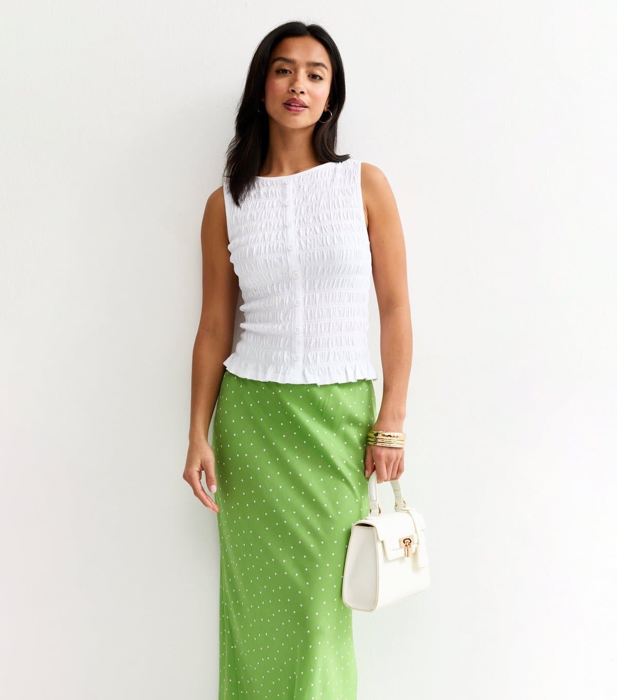 New Look Women's Petite Green Polka Dot Bias Cut Midi Skirt New Look