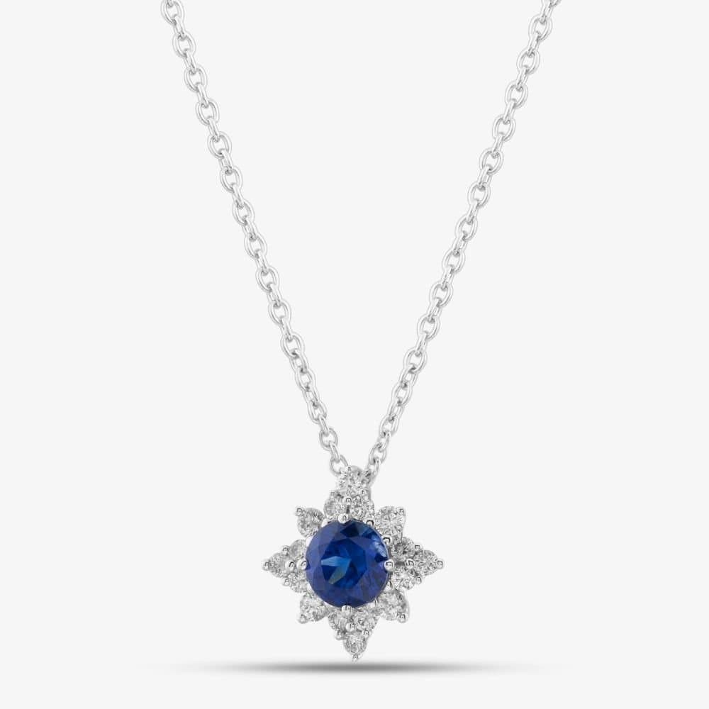 T.H.Baker T.H.Baker Women's 18ct White Gold 0.43ct Sapphire & 0.18ct Brilliant Cut Diamond Star Halo Necklace 29292 in Silver