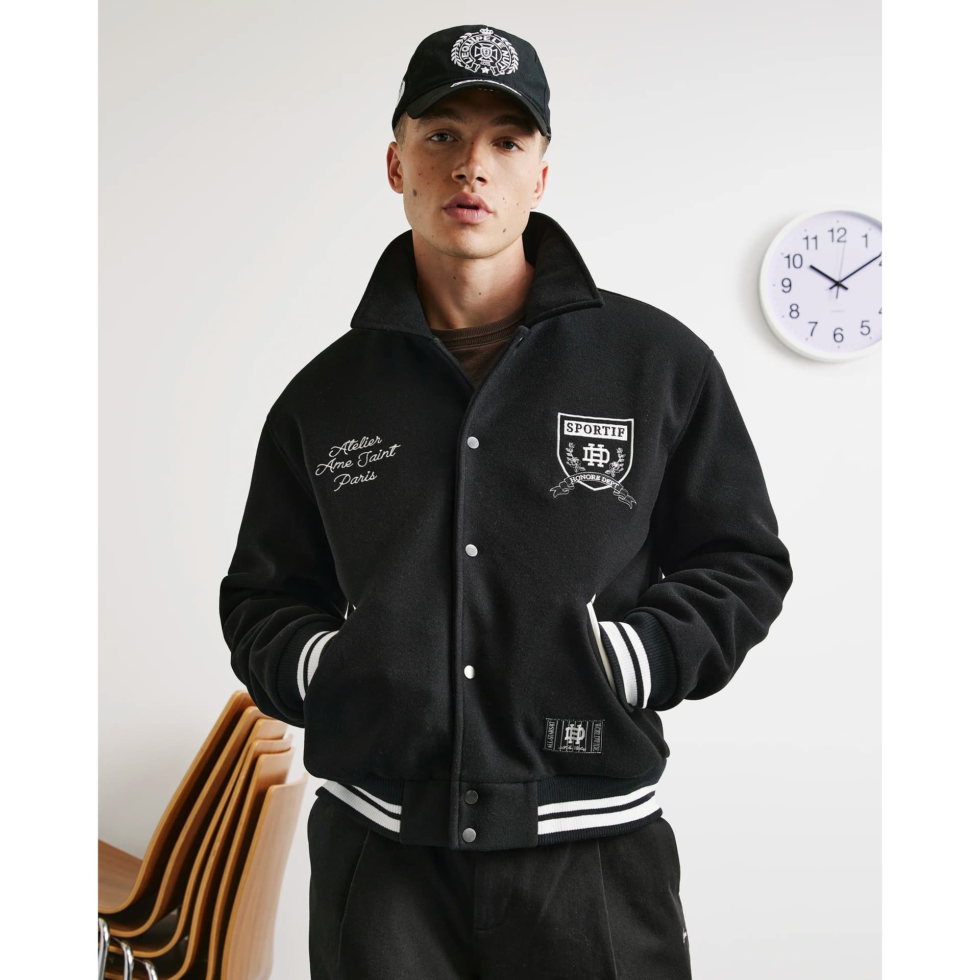 River Island Mens River Island Black Felted Varsity Bomber Jacket