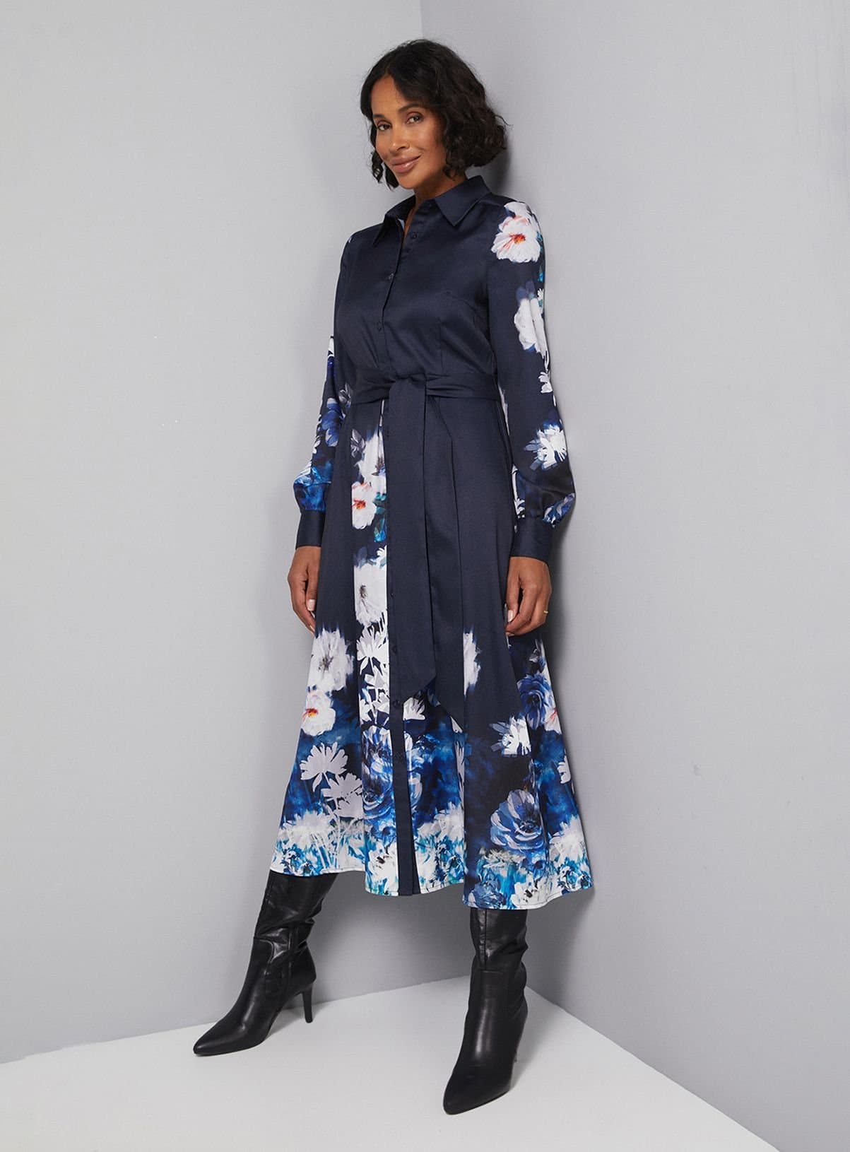 Wallis Wallis Women's Floral Tie Back Midi Shirt Dress in Navy