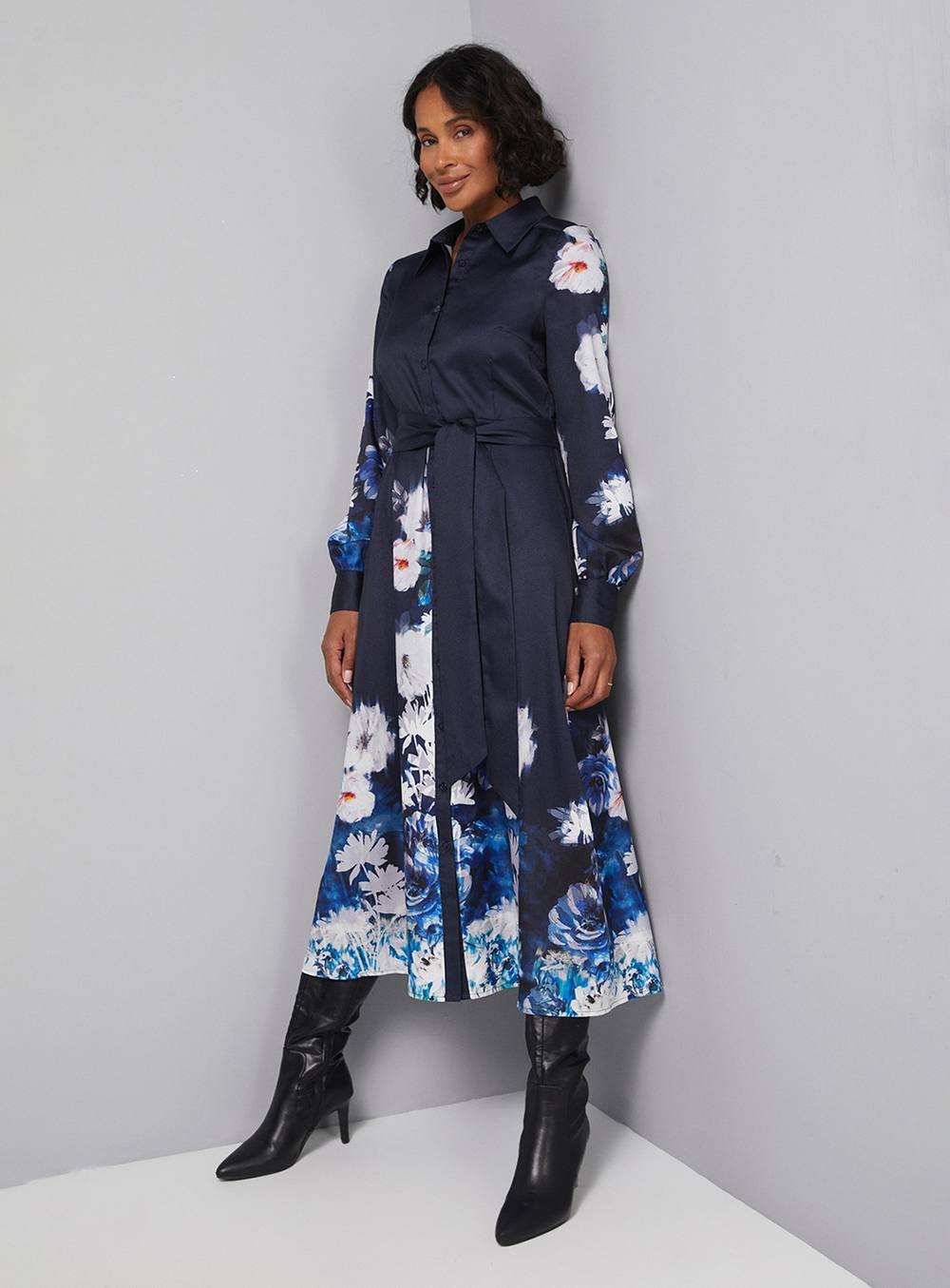 Wallis Wallis Women's Floral Tie Back Midi Shirt Dress in Navy - 2
