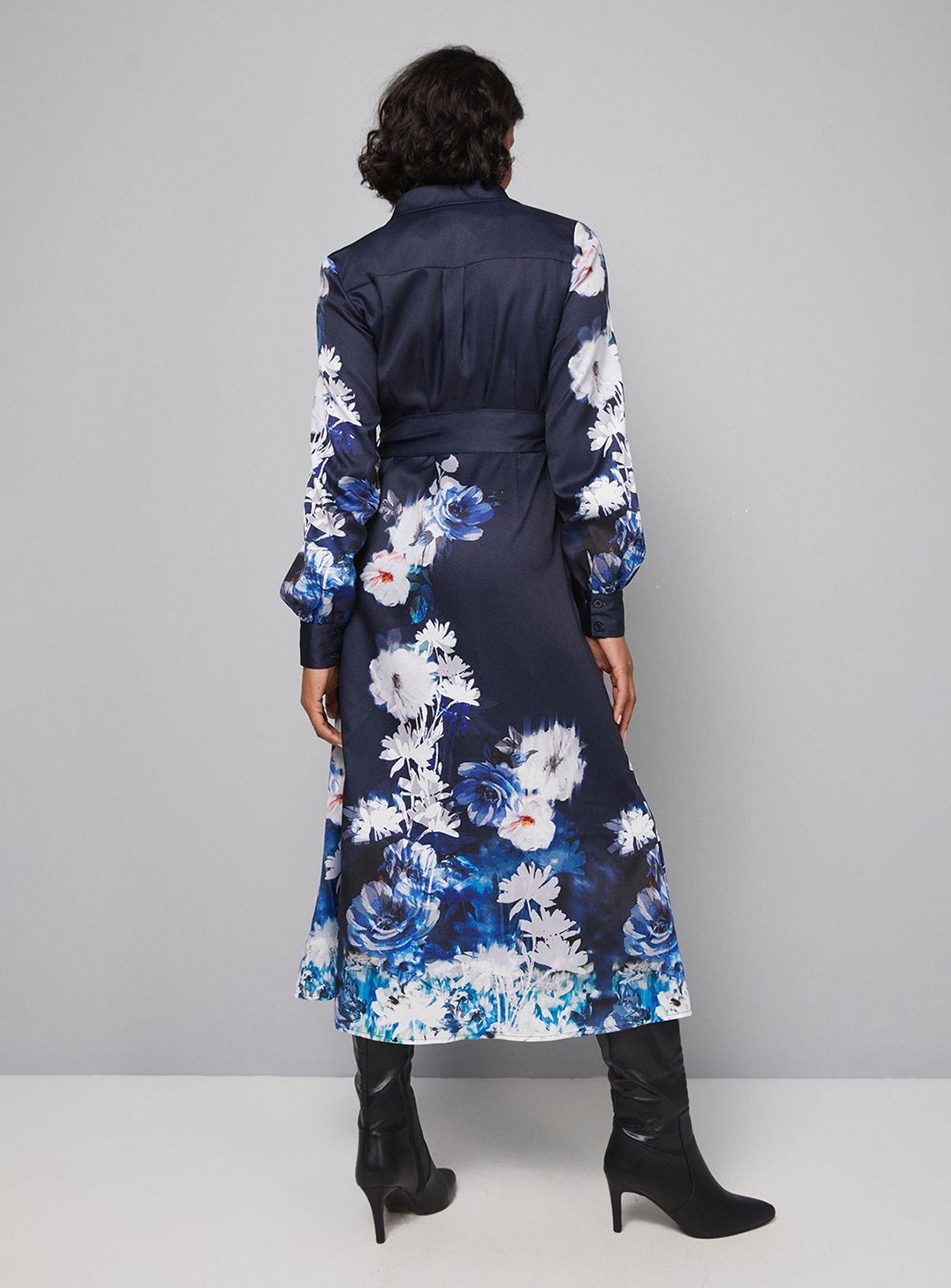 Wallis Wallis Women's Floral Tie Back Midi Shirt Dress in Navy - 3