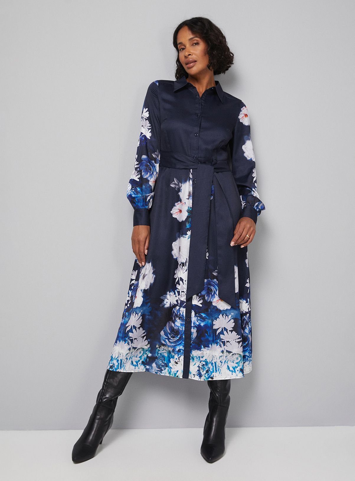 Wallis Wallis Women's Floral Tie Back Midi Shirt Dress in Navy - 4