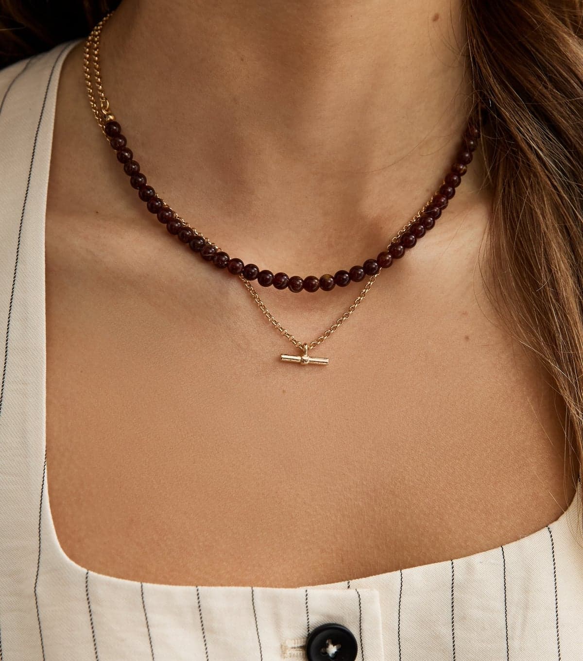 New Look Gold Tone Brown 2 Layer Beaded T Bar Necklace New Look