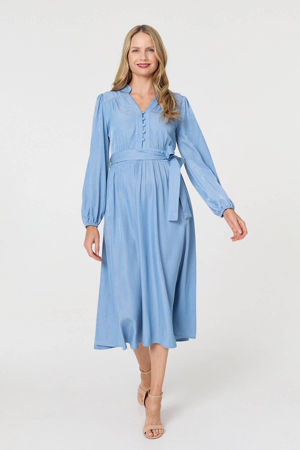 Izabel London Izabel London Women's Long Sleeve Empire Tie Waist Midi Dress in Blue