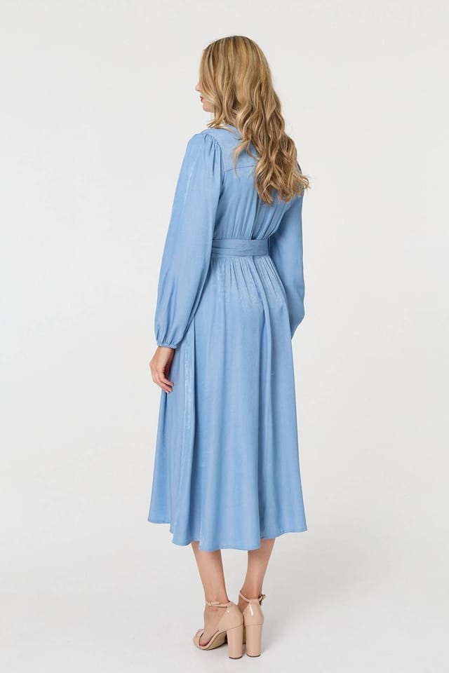 Izabel London Izabel London Women's Long Sleeve Empire Tie Waist Midi Dress in Blue - 3