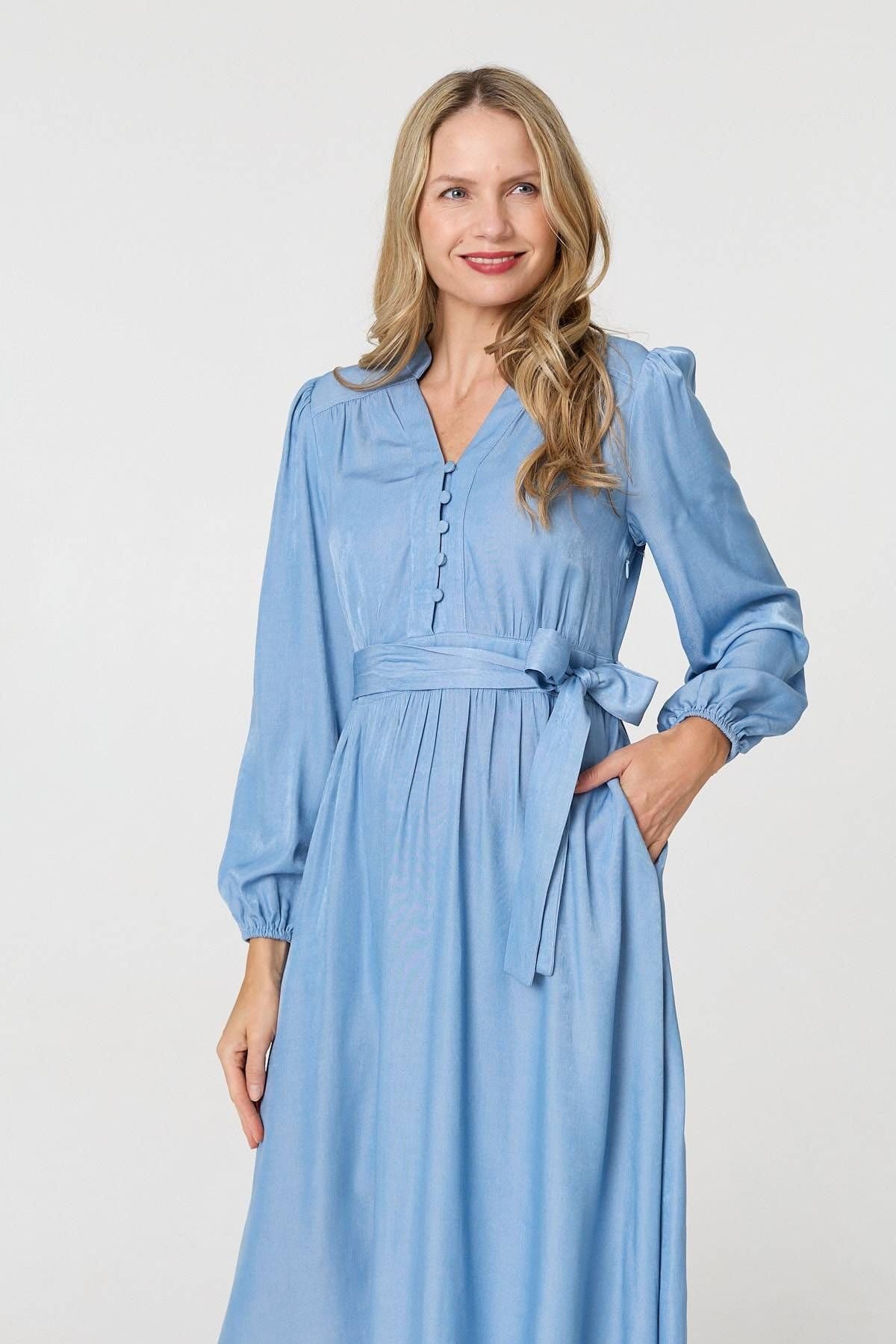 Izabel London Izabel London Women's Long Sleeve Empire Tie Waist Midi Dress in Blue - 4