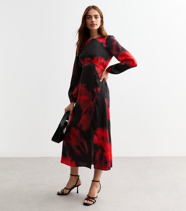 New Look Women's Black Blurred Floral Print Open Back Midi Dress New Look - 2