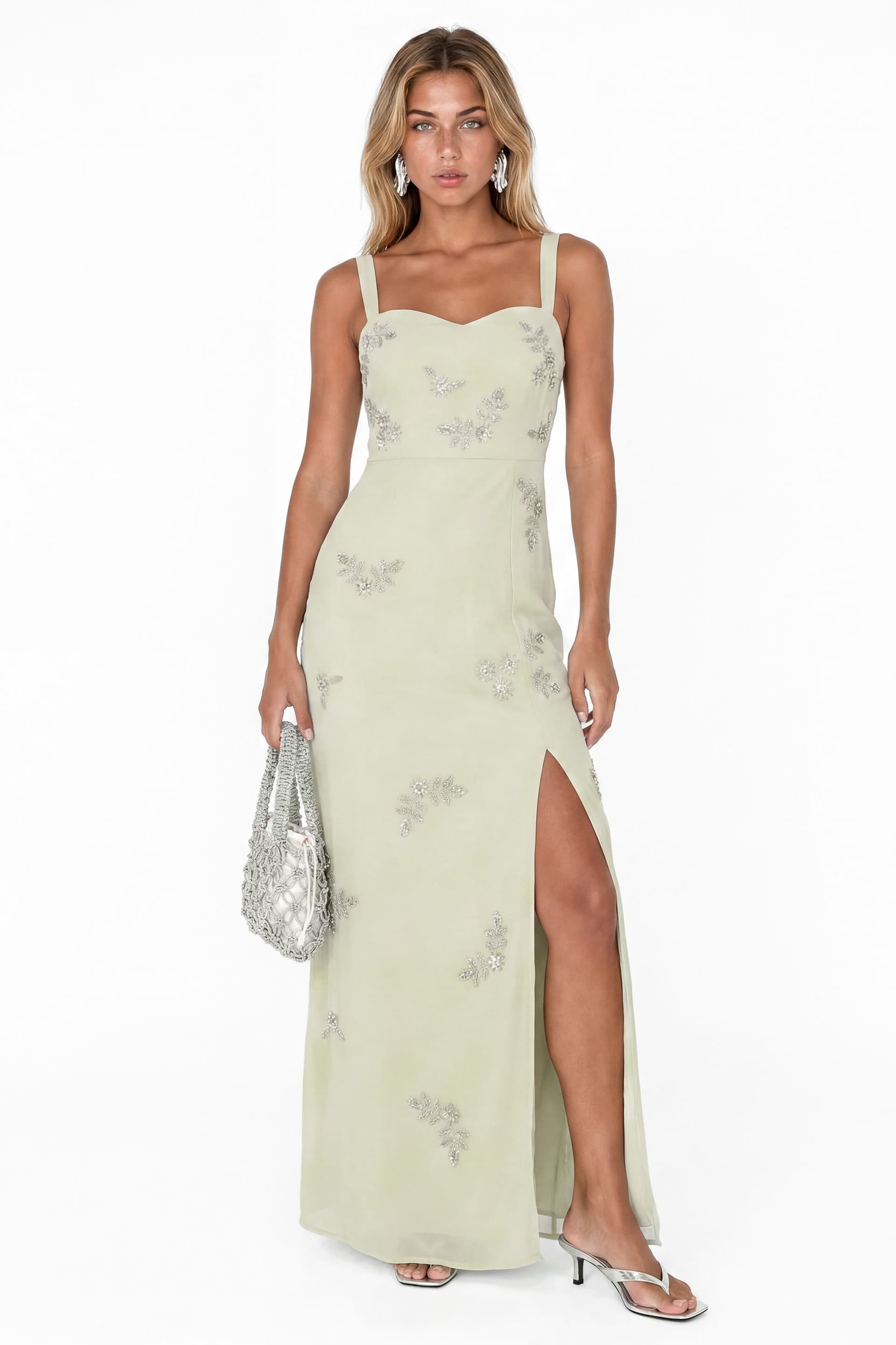 Maya Deluxe Maya Deluxe Women's Embellished Strappy Maxi Dress in Light Green