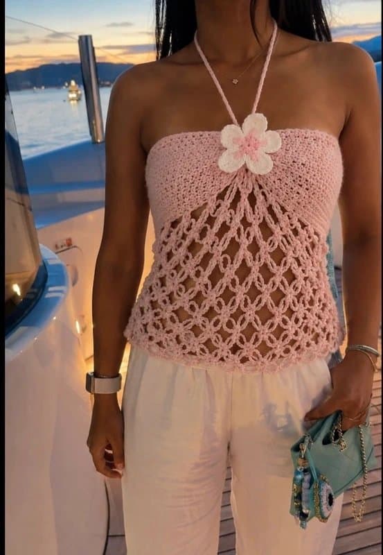 Summer Crochet Top Baby Pink Halter Neck Hibiscus Corset Summer UK 6 Beach